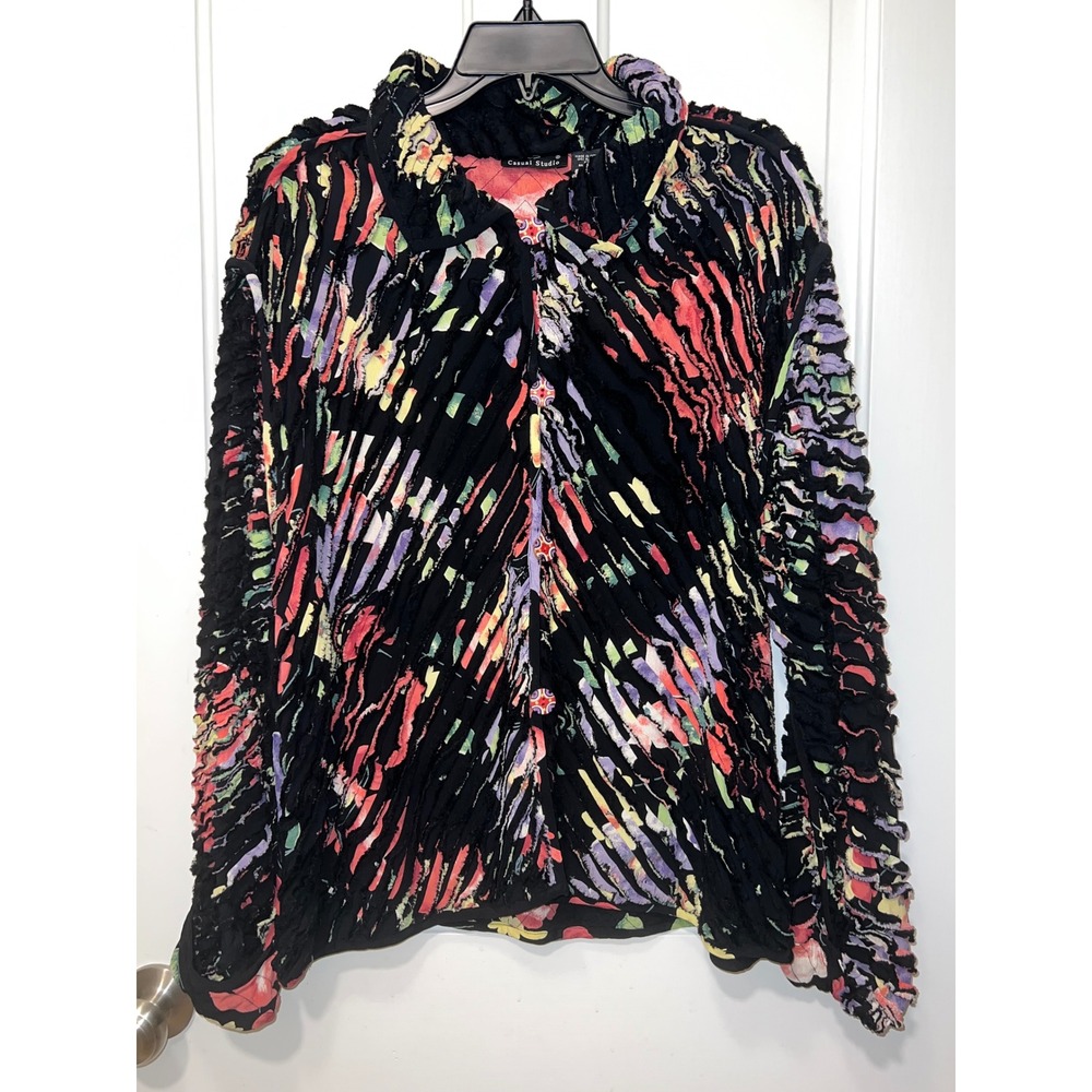 Casual Studio Womens XL Black Multicolor Floral Textured Fringed Button Jacket